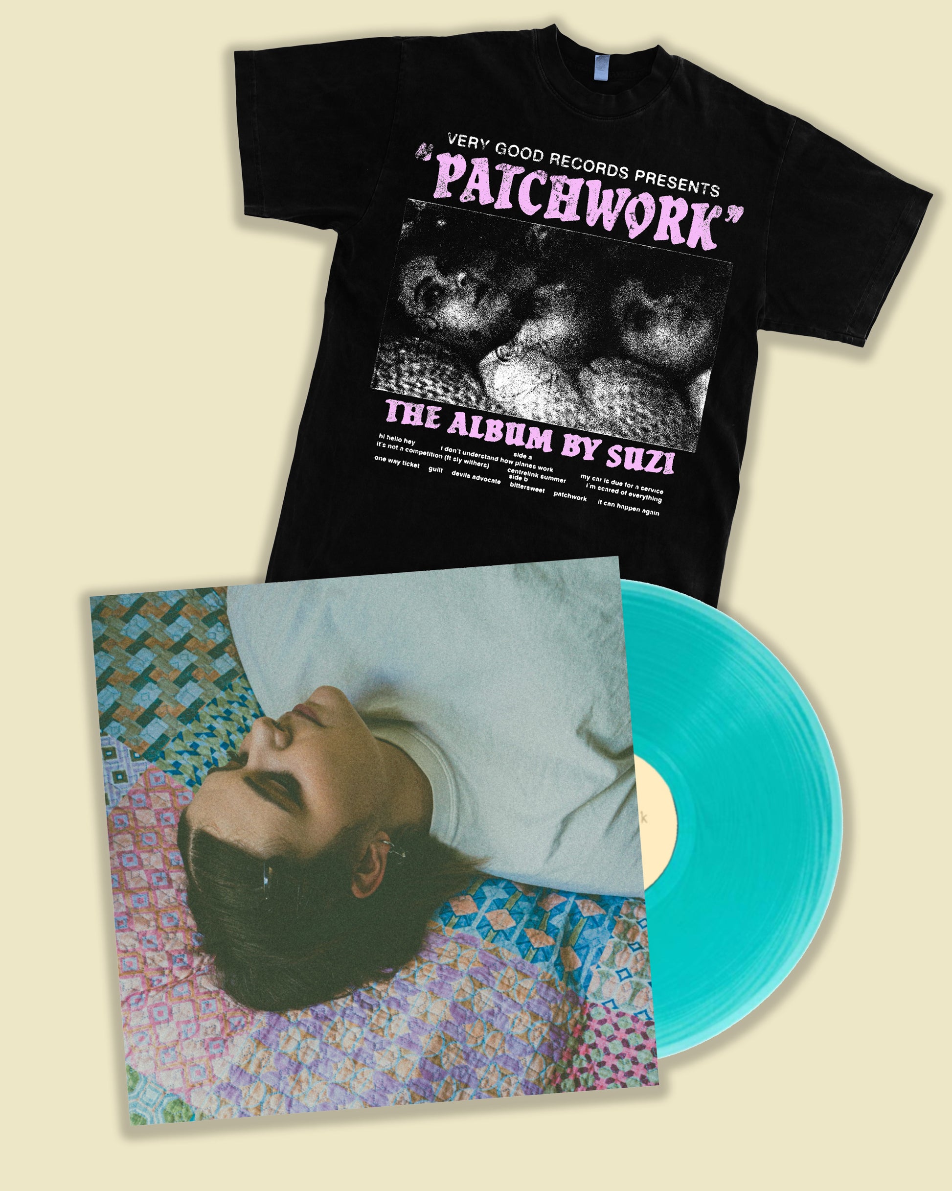 Suzi / Patchwork LP Aquamarine Vinyl & Patchwork Black T-Shirt Bundle **PRE-ORDER**