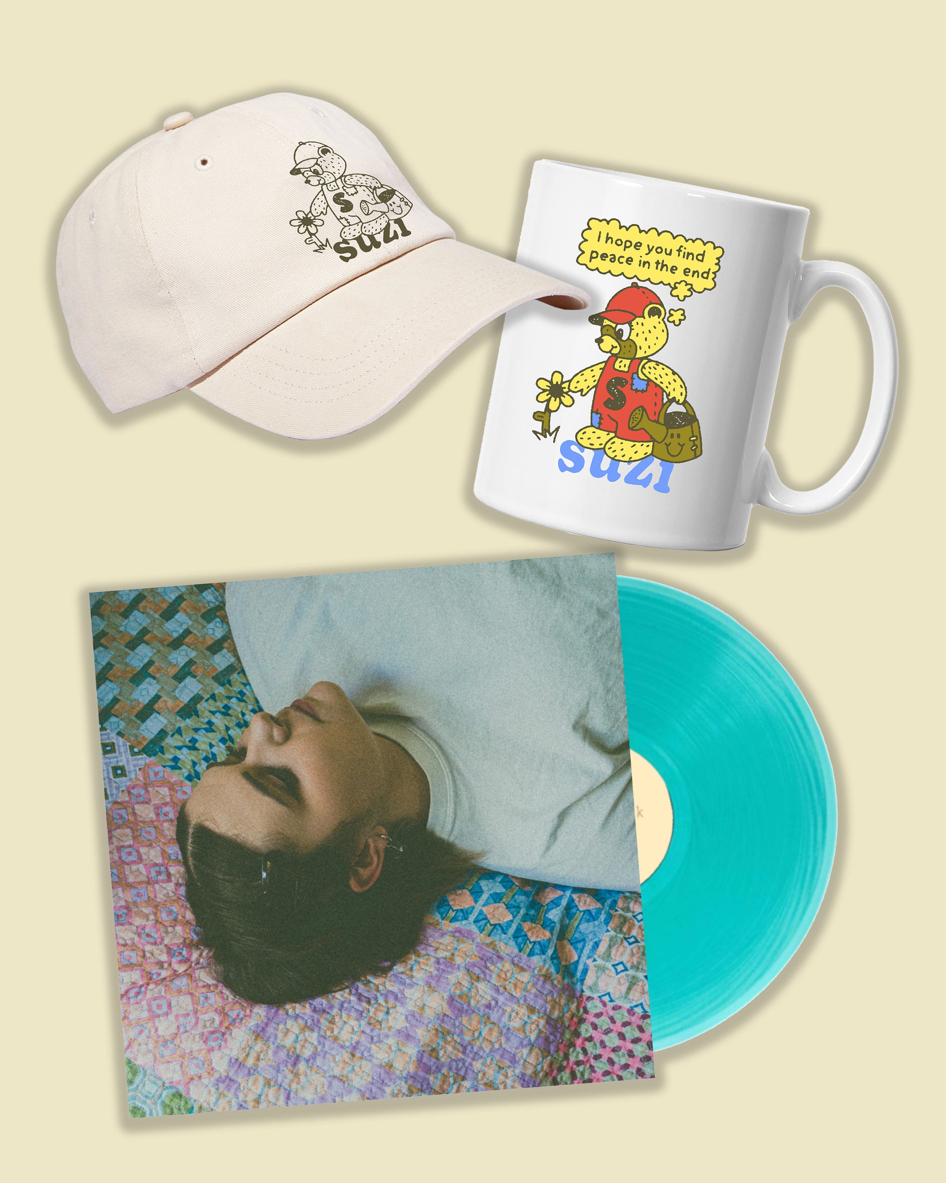 Suzi / Patchwork LP Aquamarine Vinyl & Bear Mug & Bear Hat Bundle **PRE-ORDER**
