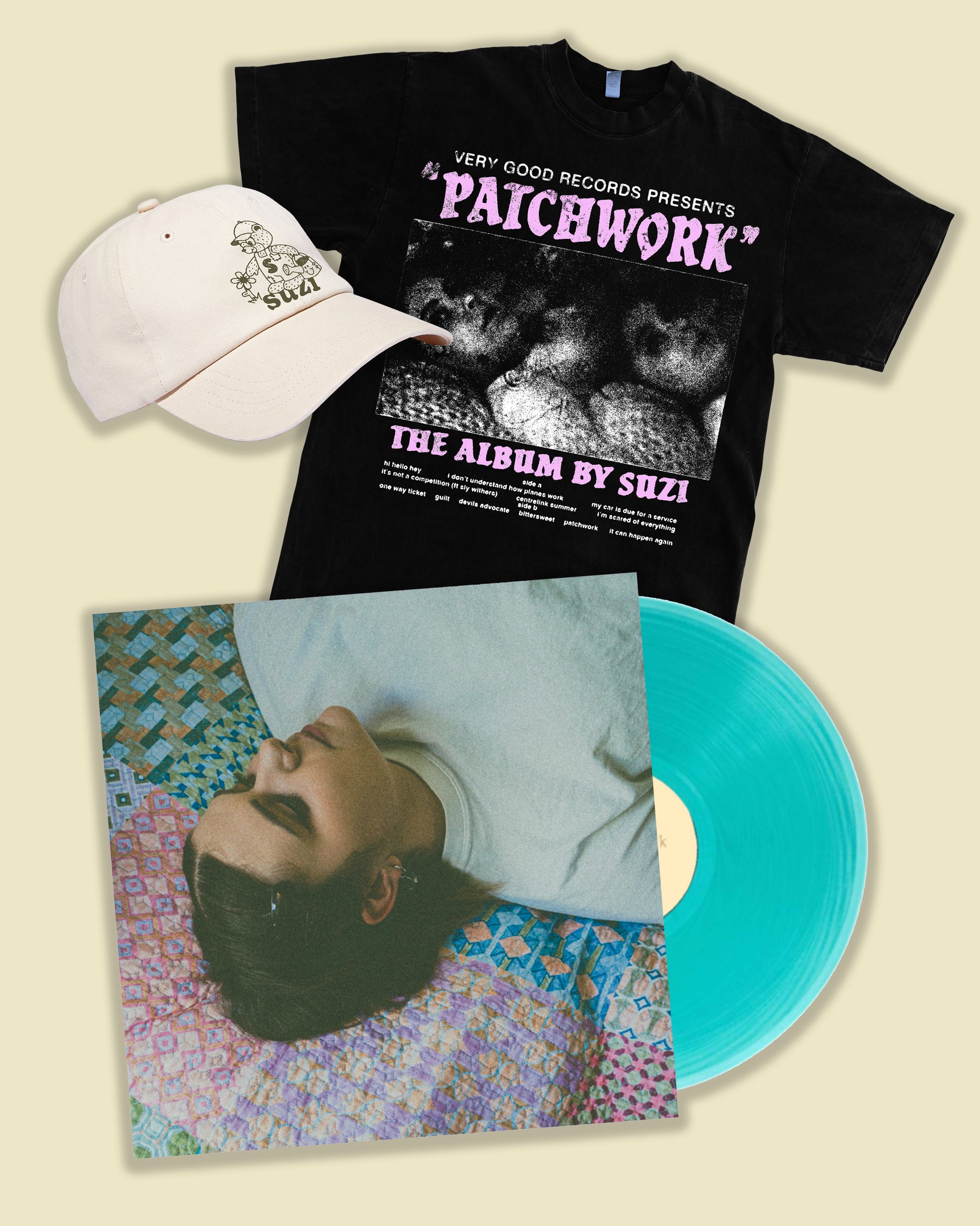 Suzi / Patchwork LP Aquamarine Vinyl & Patchwork Black T-Shirt & Bear Hat **PRE-ORDER**