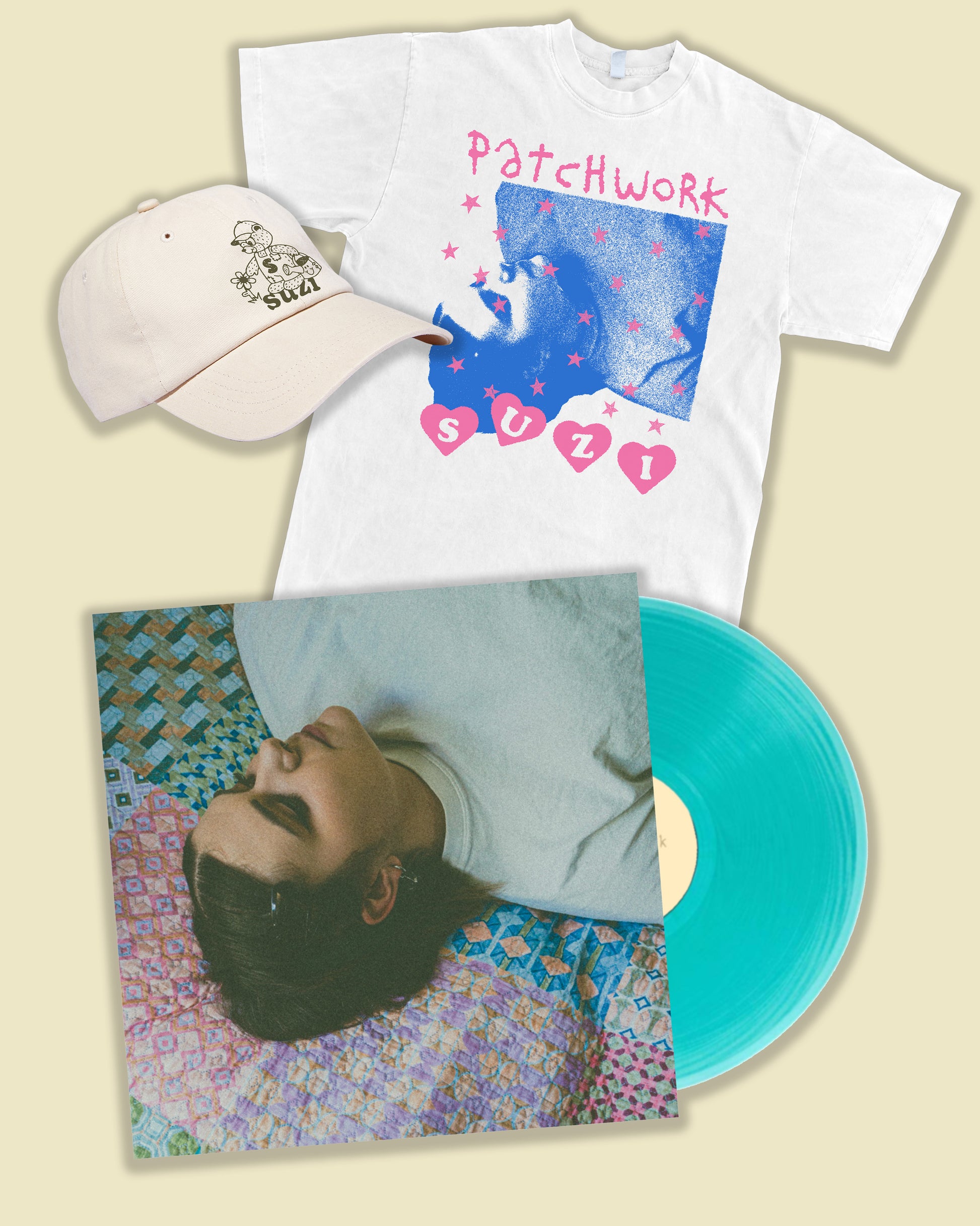 Suzi / Patchwork LP Aquamarine Vinyl & Patchwork White T-Shirt & Bear Hat Bundle **PRE-ORDER**