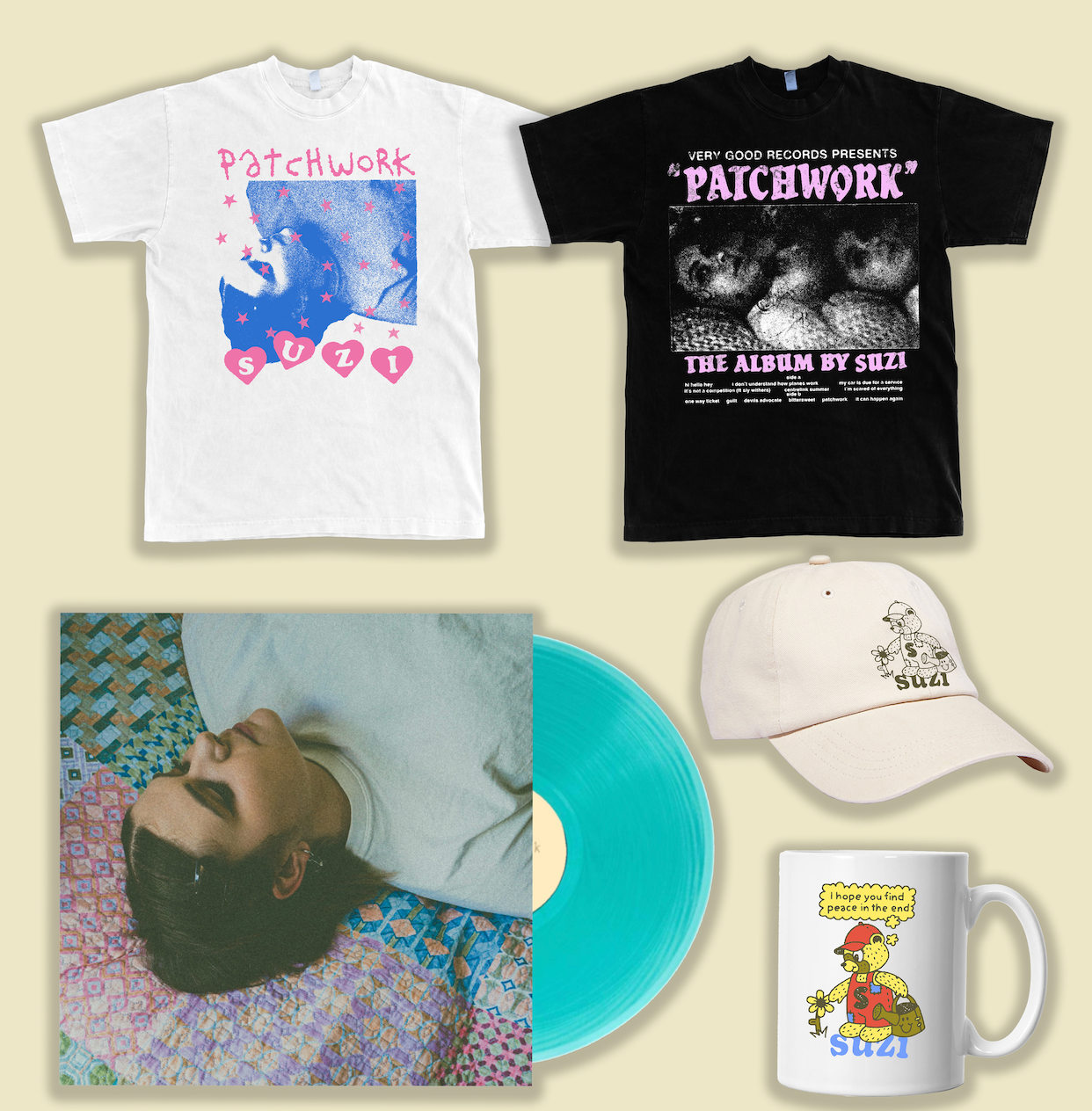 Suzi / Patchwork LP Aquamarine Vinyl & Patchwork White T-Shirt & Patchwork Black T-Shirt & Bear Hat Bundle & Bear Mug **PRE-ORDER**